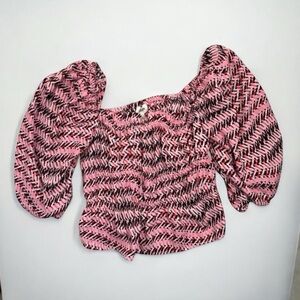 Open Edit Blouse Size S Patterned Smocked Puff Sleeve Square Neck Boho